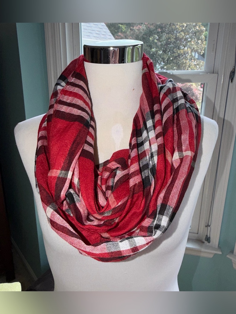 V. Fraas Red Black White Plaid Infinity Scarf - VGUC - 100% Polyester